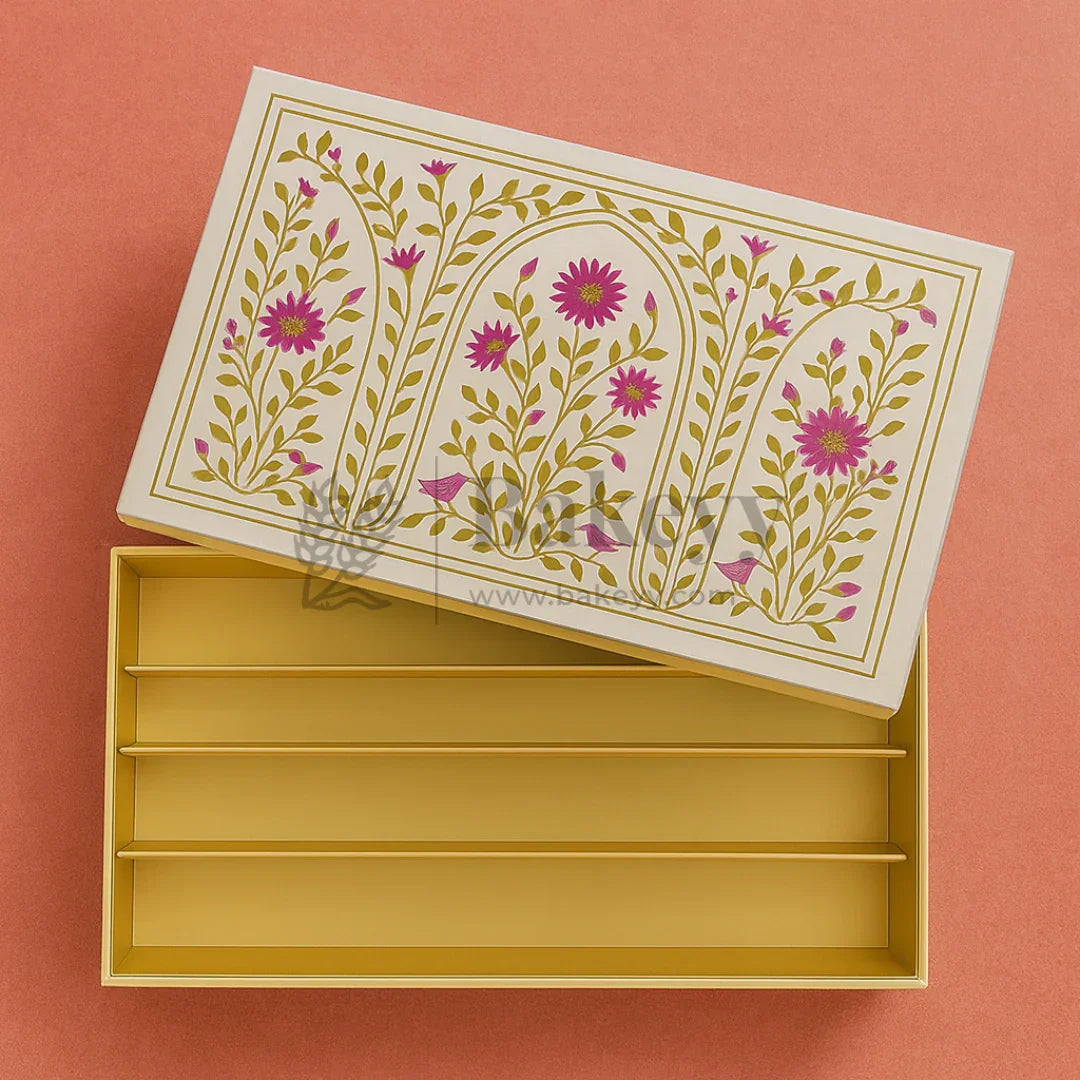 One Kg Sweet Box | 12x7x1.5 Inch | Elegant Floral Rectangle Gift Box with Golden Tray | Pink & Gold Accents 1 Piece