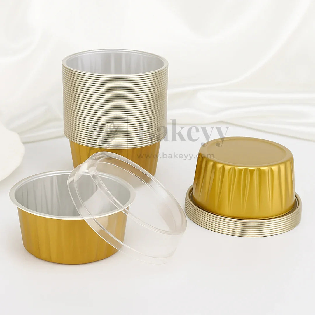 Aluminum Foil Baking Containers with Transparent Lid | Round Tins | Bake N Serve | Pack of 100 - Bakeyy.com - India - Aluminum Foil Baking Containers with Transparent Lid | Round Tins | Bake N Serve | Pack of 100 - Gold / 125 ml