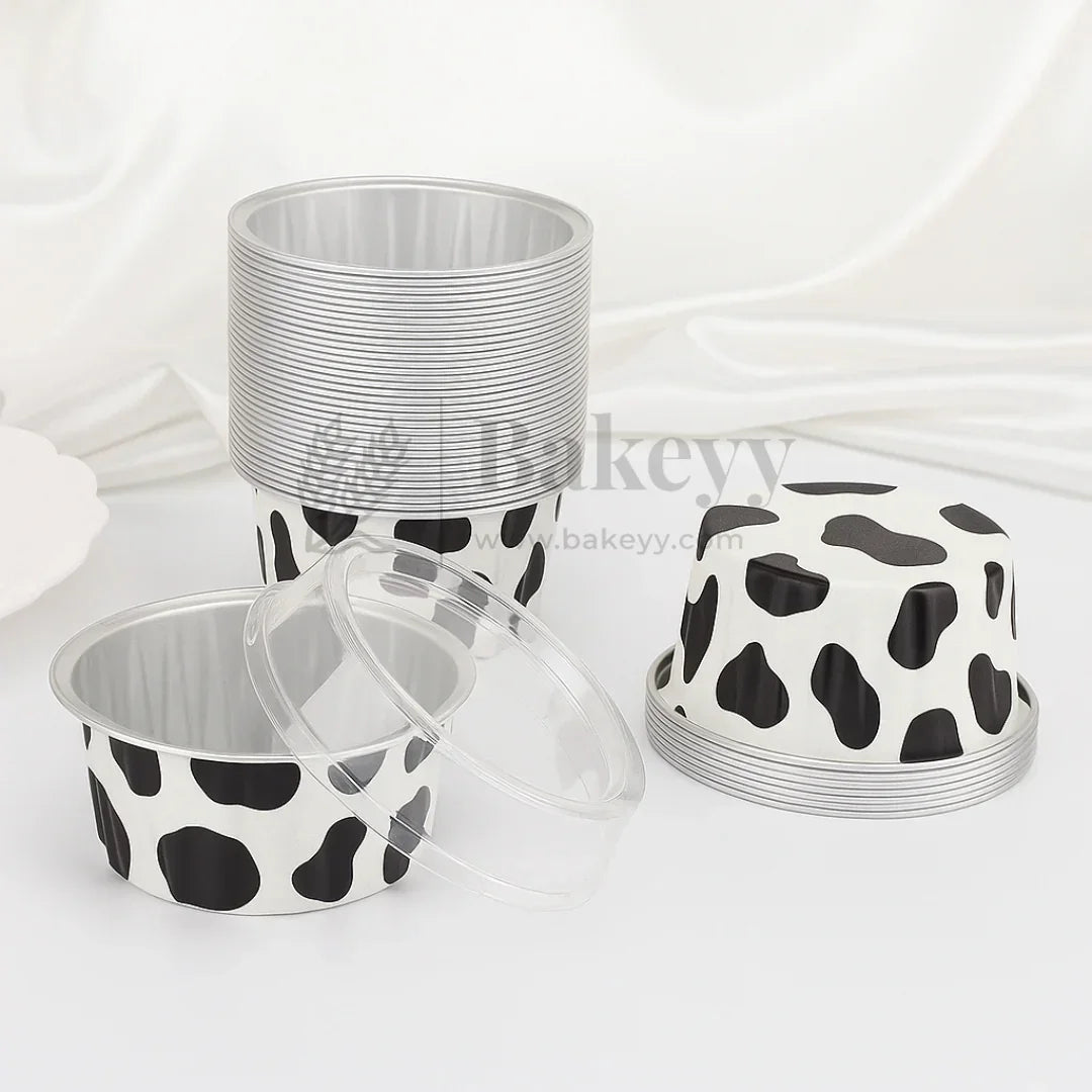 Aluminum Foil Baking Containers with Transparent Lid | Round Tins | Bake N Serve | Pack of 100 - Bakeyy.com - India - Aluminum Foil Baking Containers with Transparent Lid | Round Tins | Bake N Serve | Pack of 100 - Cow Print / 125 ml
