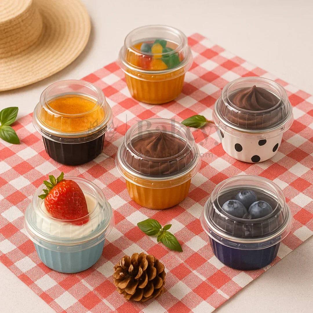 Aluminum Foil Baking Containers with Transparent Lid | Round Tins | Bake N Serve | Pack of 100 - Bakeyy.com - India - Aluminum Foil Baking Containers with Transparent Lid | Round Tins | Bake N Serve | Pack of 100 - Light Blue / 125 ml