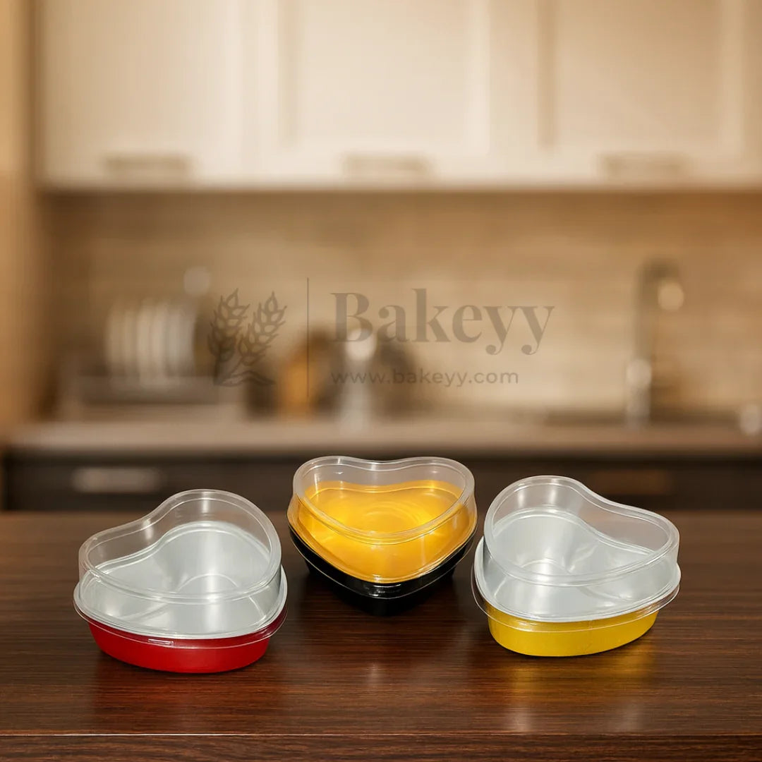 100 ml | Aluminum Foil Baking Containers with Transparent Lid | Heart Tins | Bake N Serve | Pack of 100