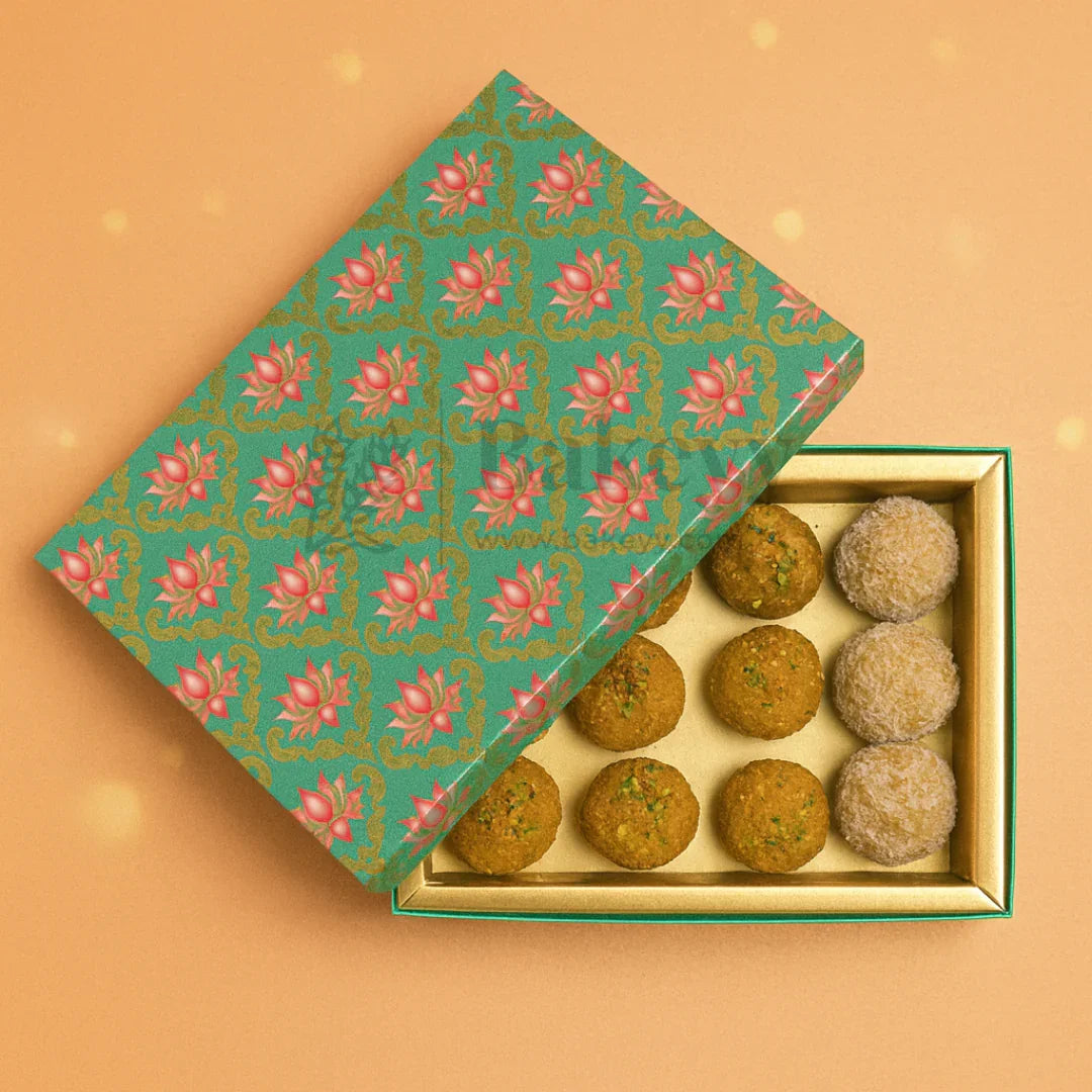 One Kg Sweet Box | 10.5x7.5x1.5 Inch | Turquoise & Pink Lotus Print Premium Sweet and Chocolate box | Cow Print | 1 Piece - Bakeyy.com - India - One Kg Sweet Box | 10.5x7.5x1.5 Inch | Turquoise & Pink Lotus Print Premium Sweet and Chocolate box | Cow Print | 1 Piece - Default Title
