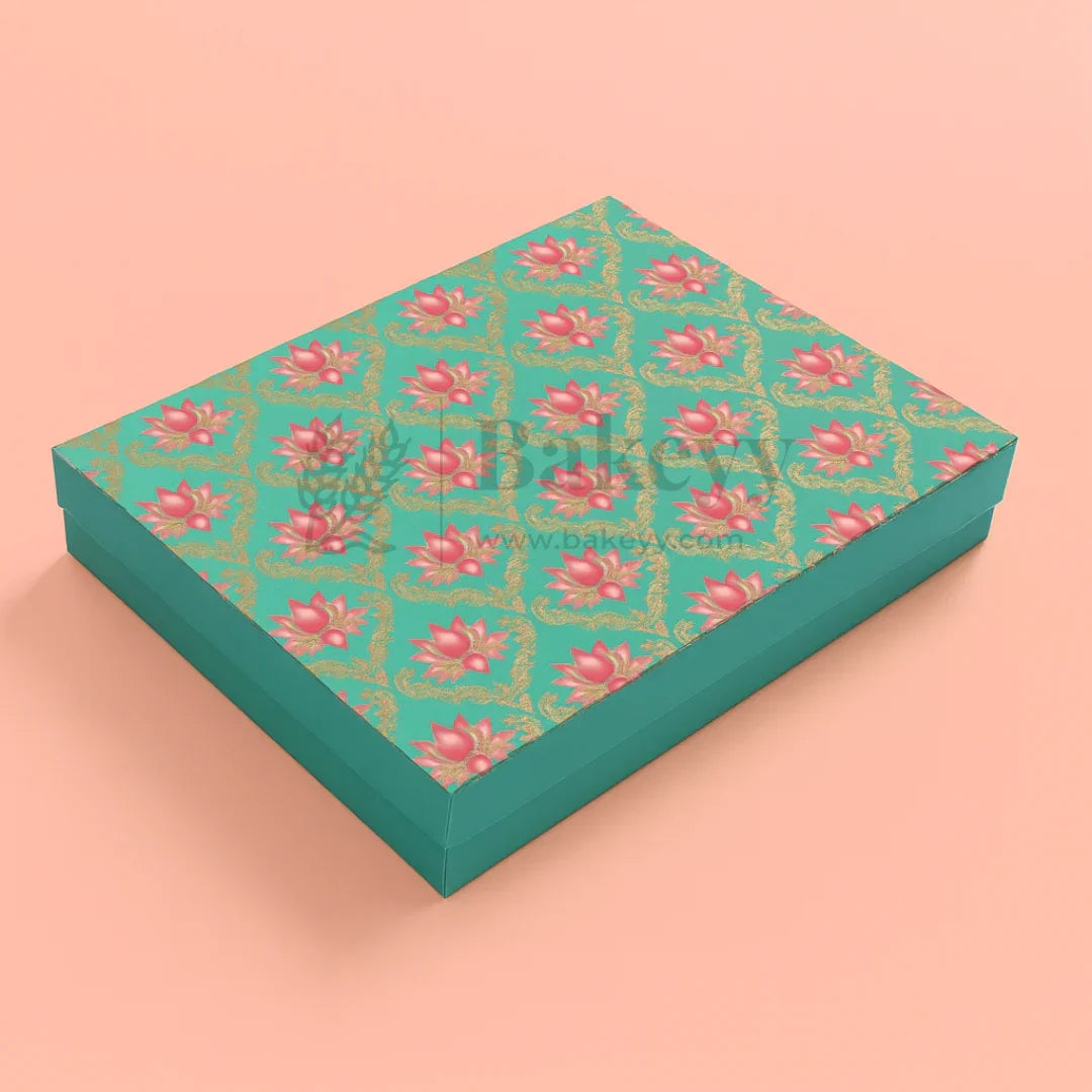 One Kg Sweet Box | 10.5x7.5x1.5 Inch | Turquoise & Pink Lotus Print Premium Sweet and Chocolate box | Cow Print | 1 Piece - Bakeyy.com - India - One Kg Sweet Box | 10.5x7.5x1.5 Inch | Turquoise & Pink Lotus Print Premium Sweet and Chocolate box | Cow Print | 1 Piece - Default Title