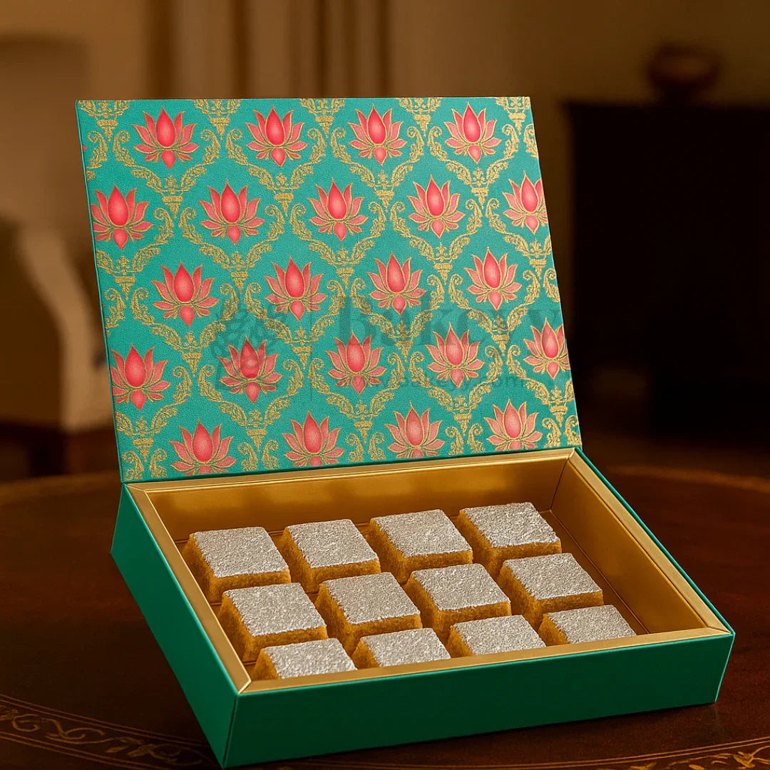 One Kg Sweet Box | 10.5x7.5x1.5 Inch | Turquoise & Pink Lotus Print Premium Sweet and Chocolate box | Cow Print | 1 Piece - Bakeyy.com - India - One Kg Sweet Box | 10.5x7.5x1.5 Inch | Turquoise & Pink Lotus Print Premium Sweet and Chocolate box | Cow Print | 1 Piece - Default Title