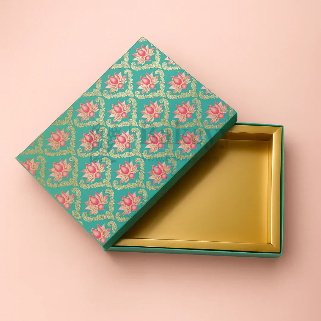 One Kg Sweet Box | 10.5x7.5x1.5 Inch | Turquoise & Pink Lotus Print Premium Sweet and Chocolate box | Cow Print | 1 Piece - Bakeyy.com - India - One Kg Sweet Box | 10.5x7.5x1.5 Inch | Turquoise & Pink Lotus Print Premium Sweet and Chocolate box | Cow Print | 1 Piece - Default Title