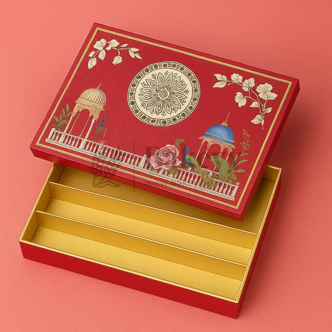 One Kg Sweet Box | 12x7x1.5 Inch | Royal Maroon Peacock Rectangle Gift Box with Golden Tray | 1 Piece - Bakeyy.com - India - One Kg Sweet Box | 12x7x1.5 Inch | Royal Maroon Peacock Rectangle Gift Box with Golden Tray | 1 Piece - Default Title