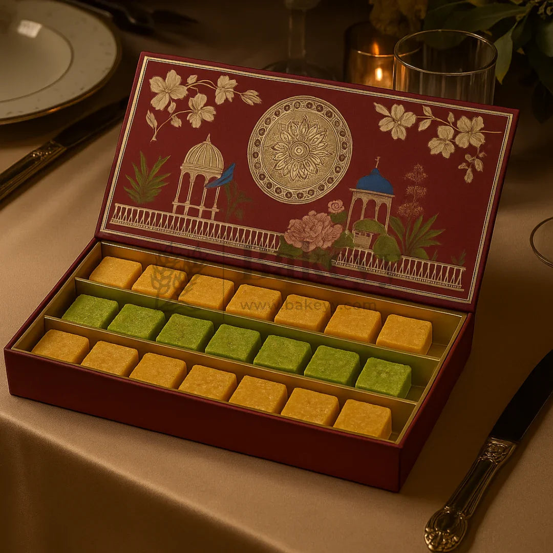 One Kg Sweet Box | 12x7x1.5 Inch | Royal Maroon Peacock Rectangle Gift Box with Golden Tray | 1 Piece - Bakeyy.com - India - One Kg Sweet Box | 12x7x1.5 Inch | Royal Maroon Peacock Rectangle Gift Box with Golden Tray | 1 Piece - Default Title