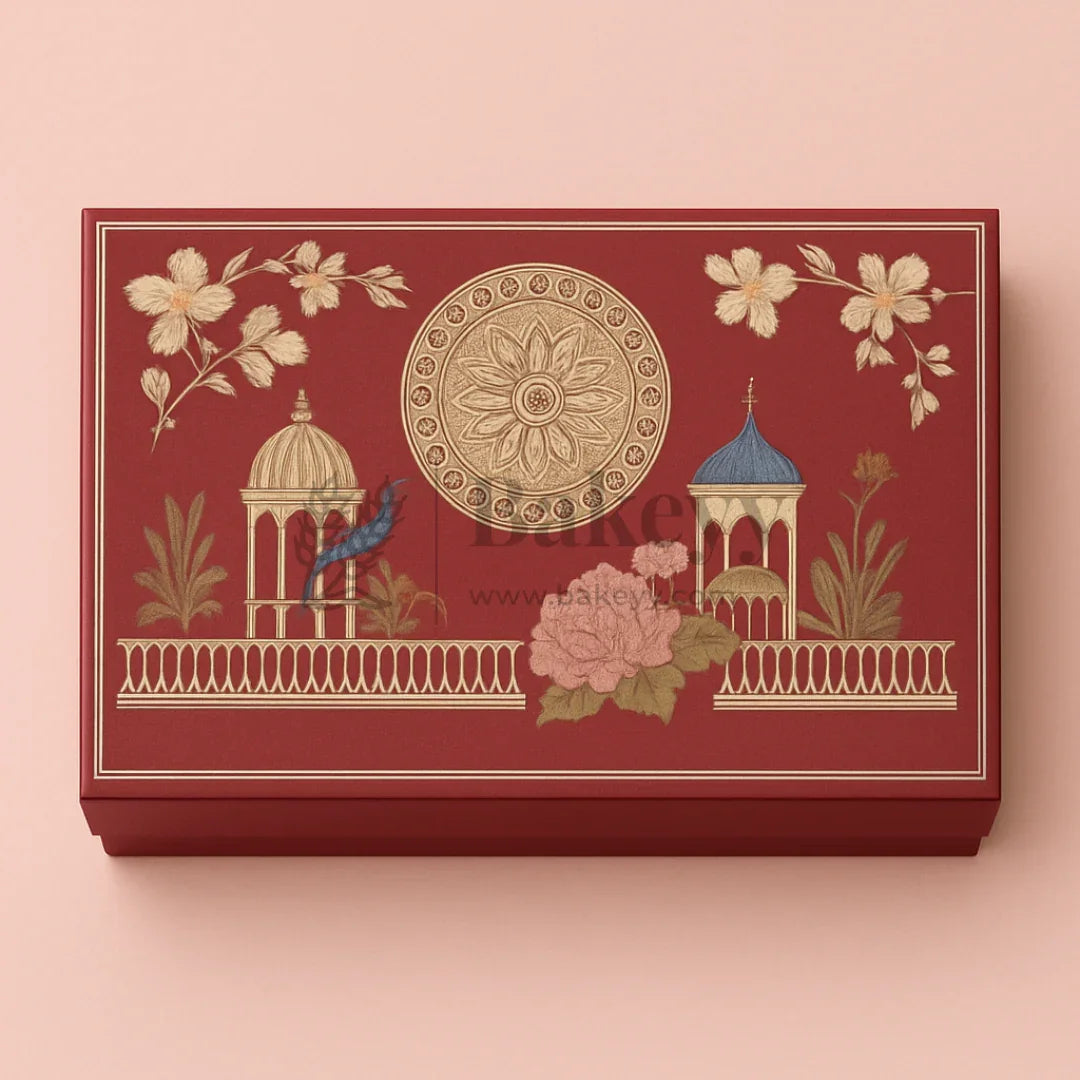One Kg Sweet Box | 12x7x1.5 Inch | Royal Maroon Peacock Rectangle Gift Box with Golden Tray | 1 Piece - Bakeyy.com - India - One Kg Sweet Box | 12x7x1.5 Inch | Royal Maroon Peacock Rectangle Gift Box with Golden Tray | 1 Piece - Default Title