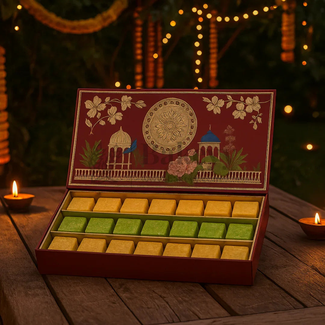 One Kg Sweet Box | 12x7x1.5 Inch | Royal Maroon Peacock Rectangle Gift Box with Golden Tray | 1 Piece - Bakeyy.com - India - One Kg Sweet Box | 12x7x1.5 Inch | Royal Maroon Peacock Rectangle Gift Box with Golden Tray | 1 Piece - Default Title