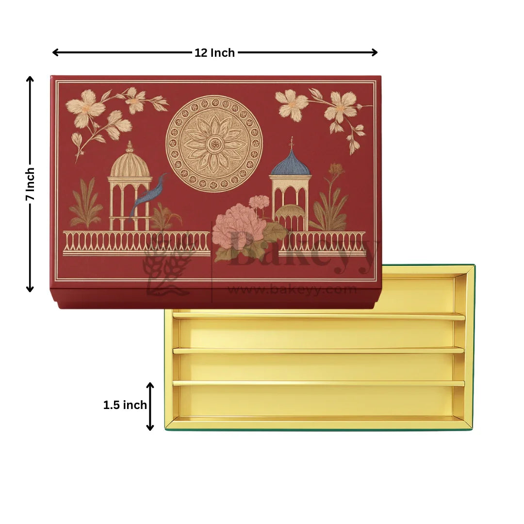 One Kg Sweet Box | 12x7x1.5 Inch | Royal Maroon Peacock Rectangle Gift Box with Golden Tray | 1 Piece - Bakeyy.com - India - One Kg Sweet Box | 12x7x1.5 Inch | Royal Maroon Peacock Rectangle Gift Box with Golden Tray | 1 Piece - Default Title