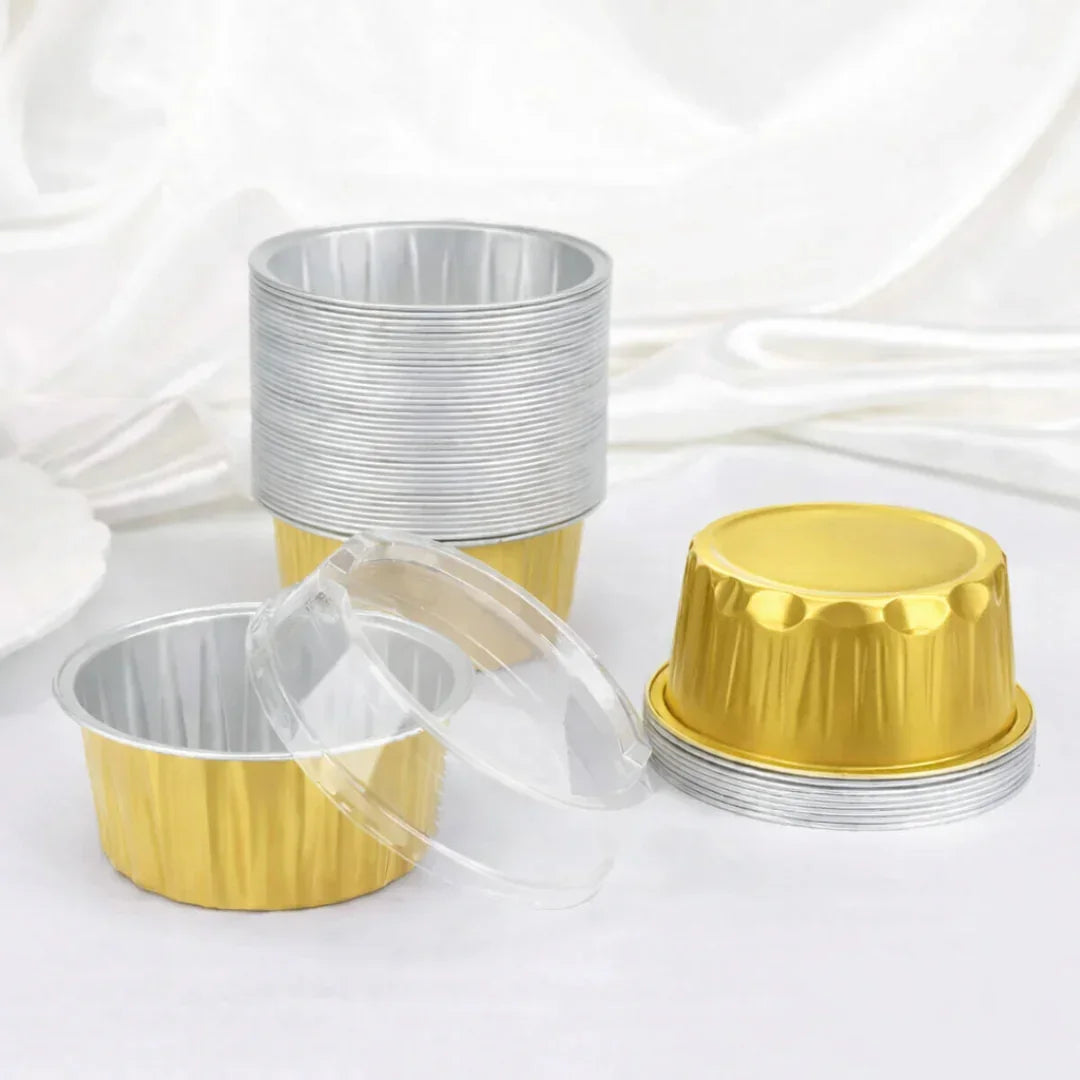 Aluminum Foil Baking Containers with Transparent Lid | Round Tins | Bake N Serve | Pack of 100 - Bakeyy.com - India - Aluminum Foil Baking Containers with Transparent Lid | Round Tins | Bake N Serve | Pack of 100 - Gold / 55 ml 800.00