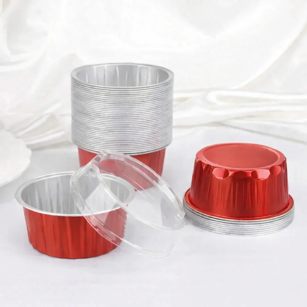 Aluminum Foil Baking Containers with Transparent Lid | Round Tins | Bake N Serve | Pack of 100 - Bakeyy.com - India - Aluminum Foil Baking Containers with Transparent Lid | Round Tins | Bake N Serve | Pack of 100 - Red / 55 ml 800.00