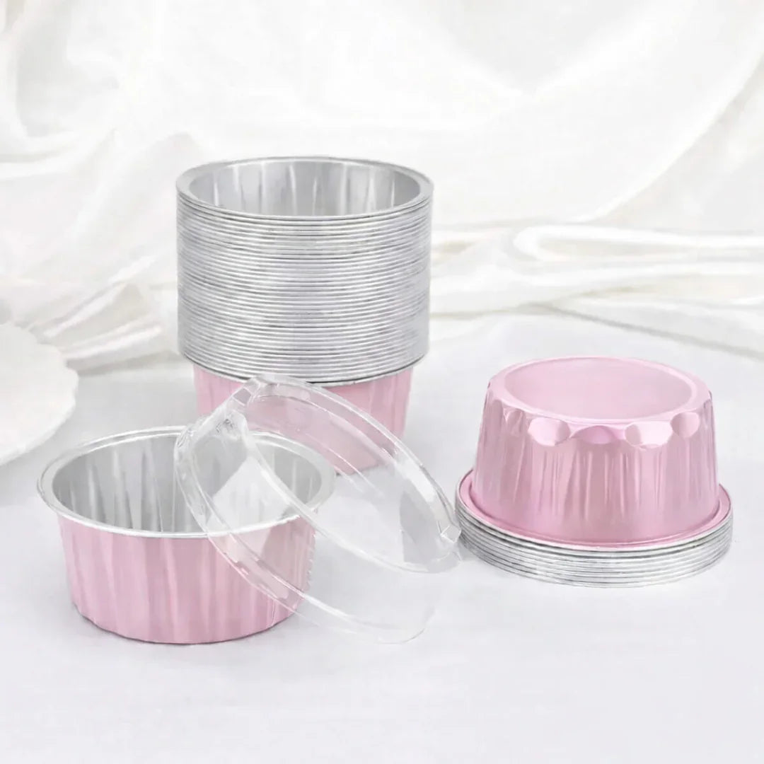 Aluminum Foil Baking Containers with Transparent Lid | Round Tins | Bake N Serve | Pack of 100 - Bakeyy.com - India - Aluminum Foil Baking Containers with Transparent Lid | Round Tins | Bake N Serve | Pack of 100 - Light Pink / 55 ml 800.00