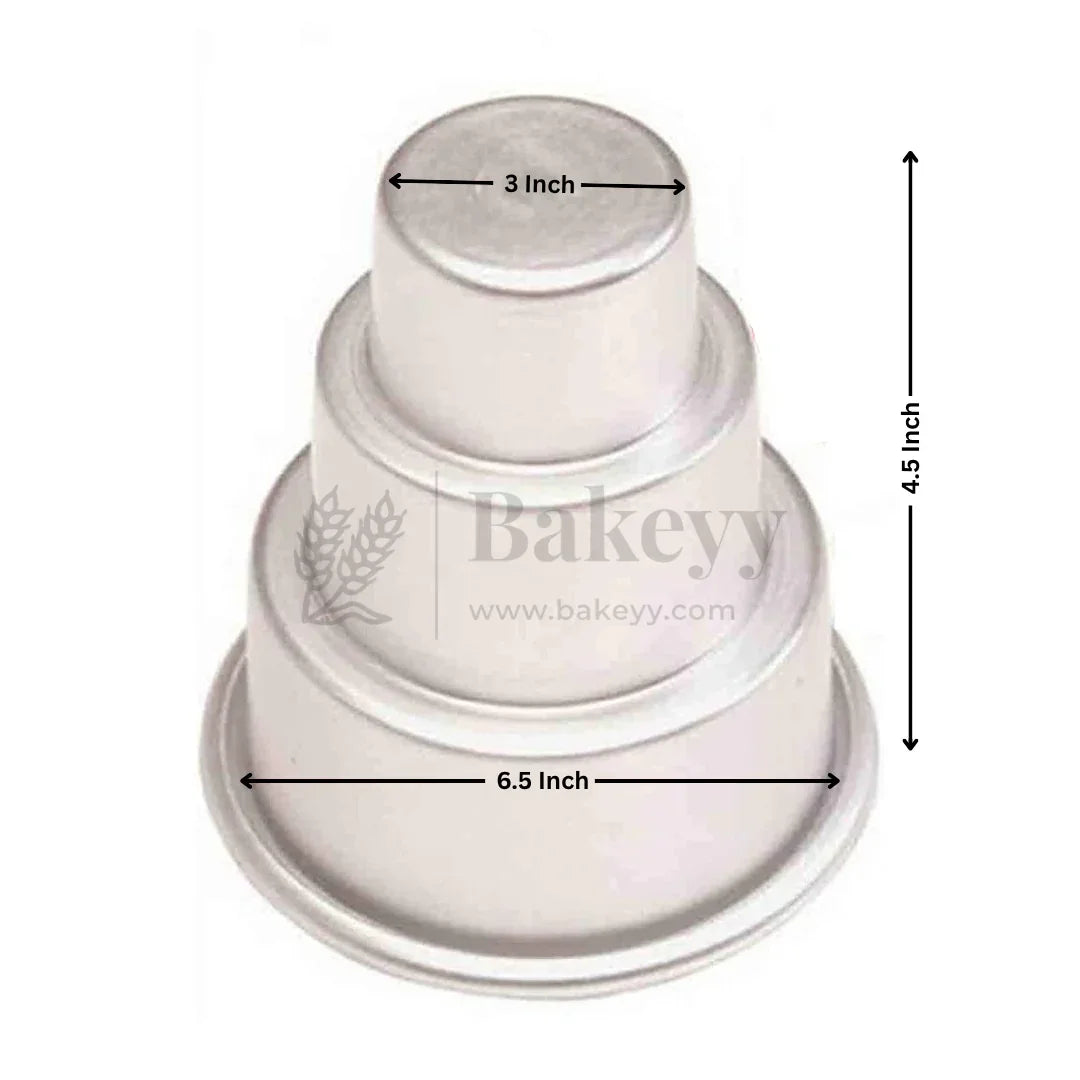 Metal cake stand with dimensions labeled on a white background