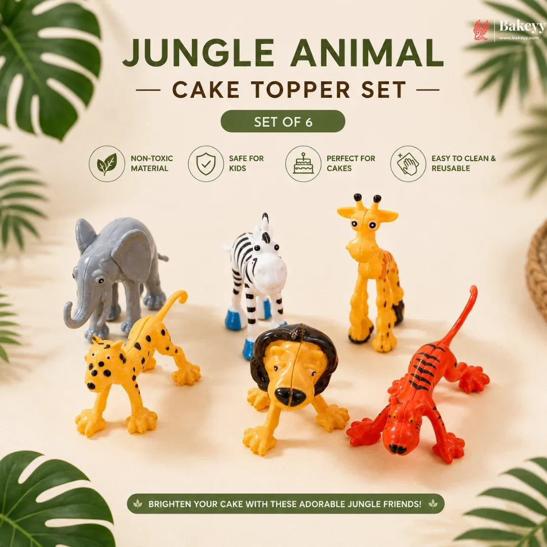 Jungle animal cake topper set with elephant, zebra, giraffe, leopard, lion, and tiger on a beige background with green leaves.