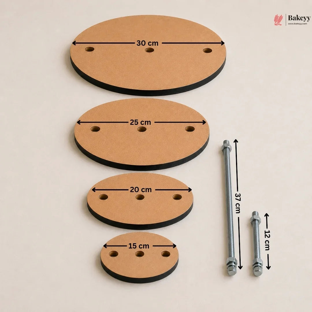 Set of wooden pads and metal rods with measurements on a beige background, featuring the Bakewy brand.