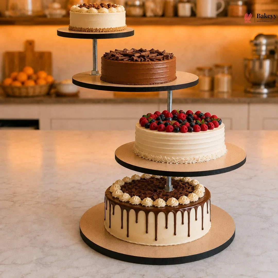 Three-tiered cake stand with various cakes on a kitchen counter