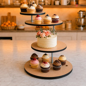 Three-tiered cake stand with a cake and cupcakes on a kitchen counter.