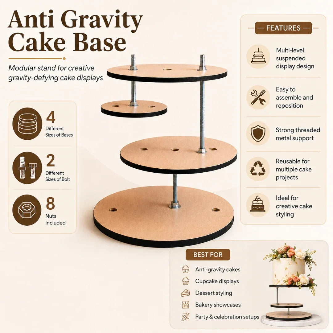 Anti-gravity cake base with features and uses on a white background