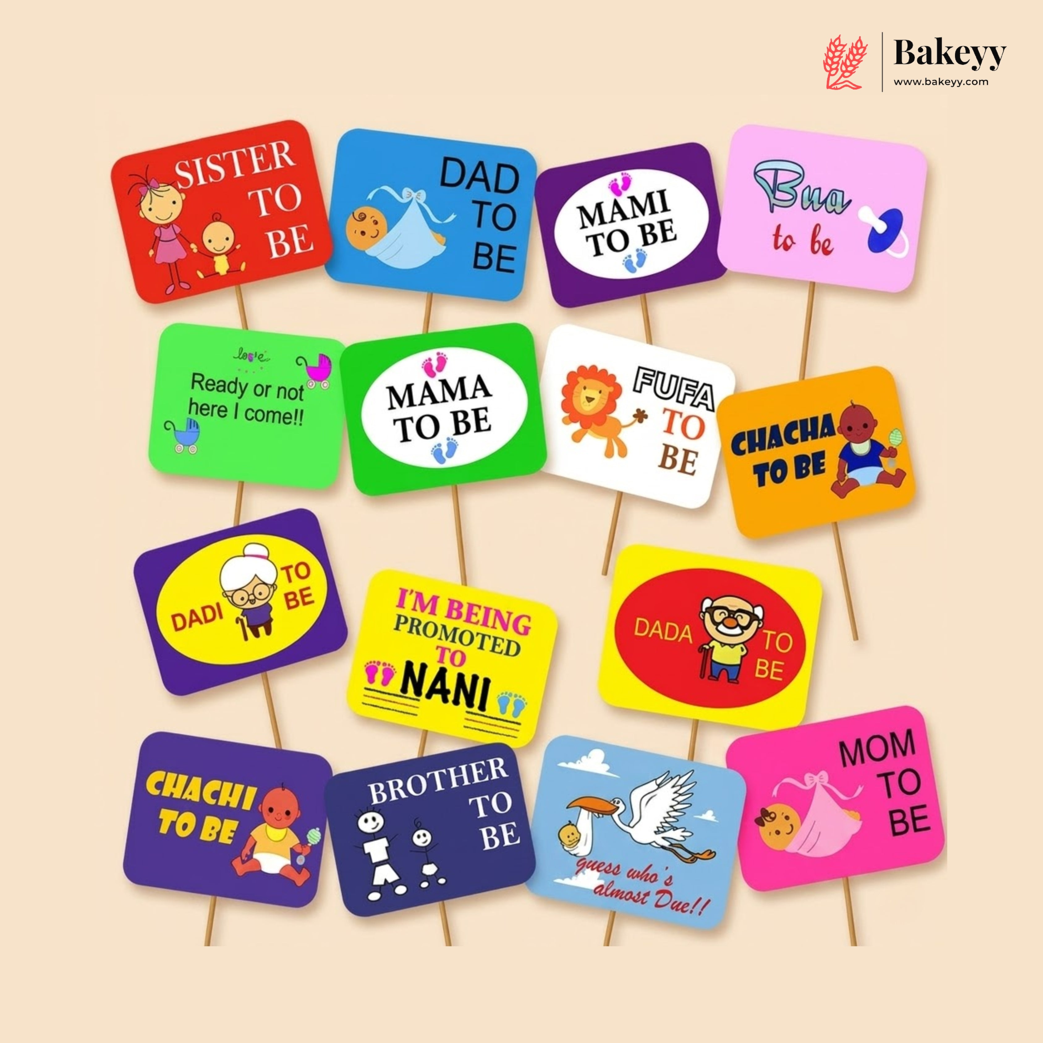 Colorful baby shower signs with various messages on a beige background, featuring the brand 'Bakey'.