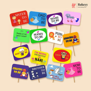 Colorful baby shower signs with various messages on a beige background, featuring the brand 'Bakey'.