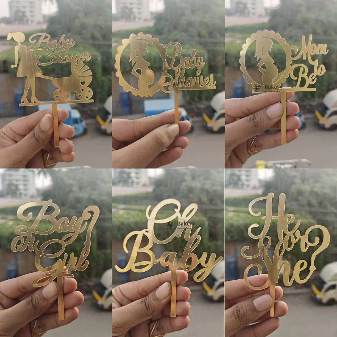 4 Inch Gold Acrylic Baby Shower Cake Topper | Oh Baby, Mom To Be & Baby Shower Designs | Pack of 5 - Bakeyy.com - India - 4 Inch Gold Acrylic Baby Shower Cake Topper | Oh Baby, Mom To Be & Baby Shower Designs | Pack of 5 - Design 1 60.00