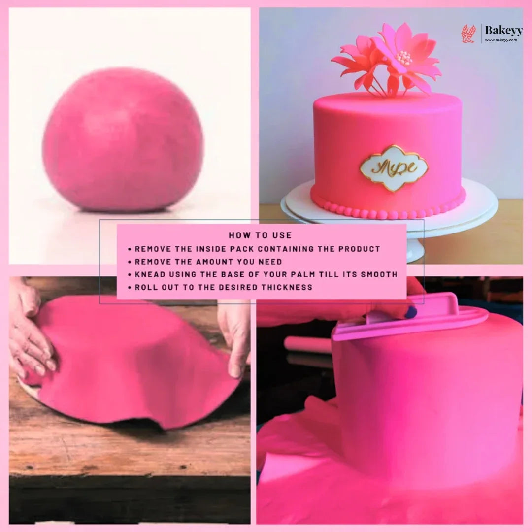 Collage of pink fondant ball, cake with pink fondant, and instructions on using pink fondant.