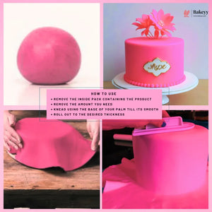 Collage of pink fondant ball, cake with pink fondant, and instructions on using pink fondant.