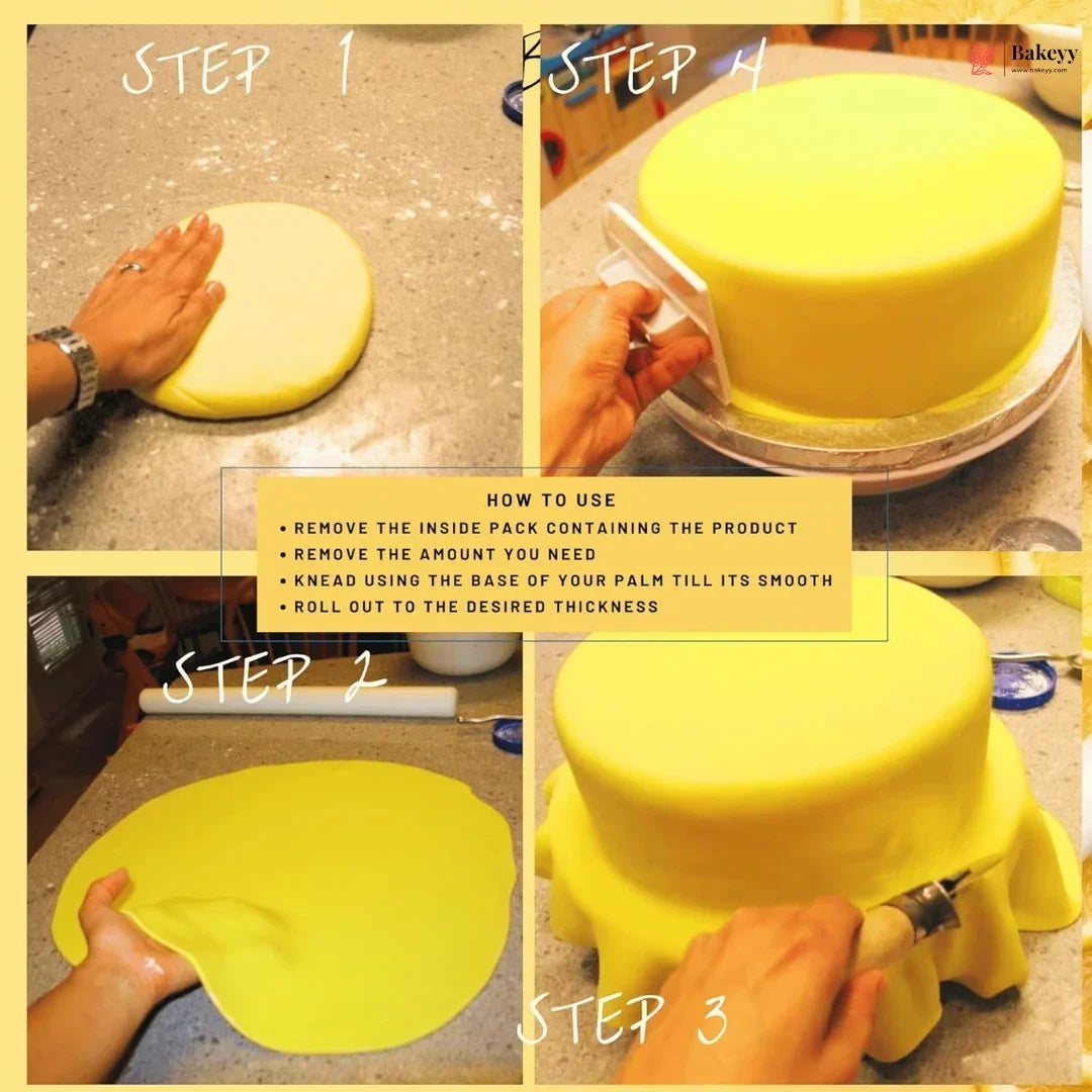 Step-by-step process of working with yellow fondant on a kitchen counter.