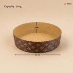 Round baking pan with decorative edge and measurements on a beige background