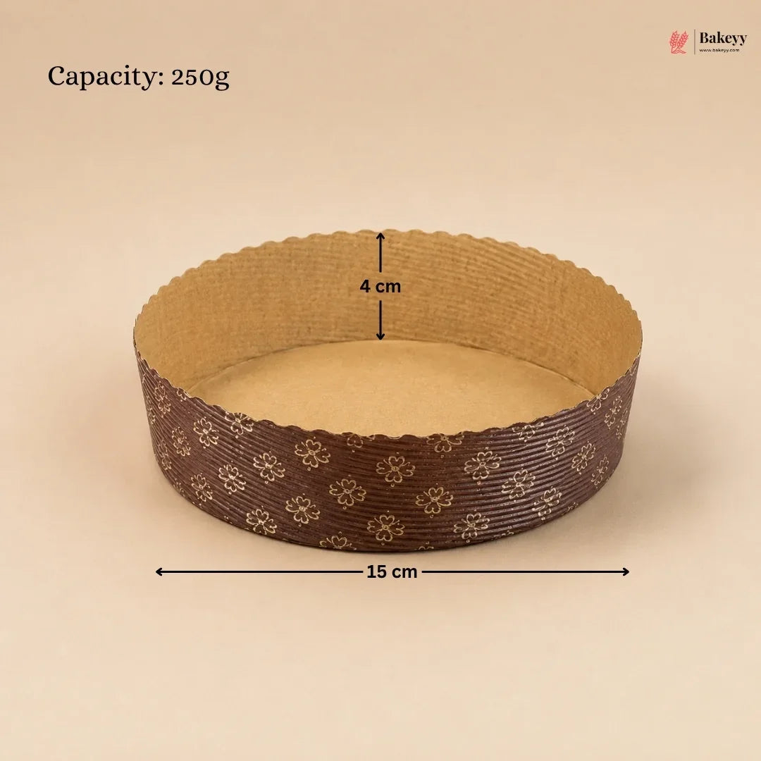 Round baking pan with decorative edge and measurements on a beige background