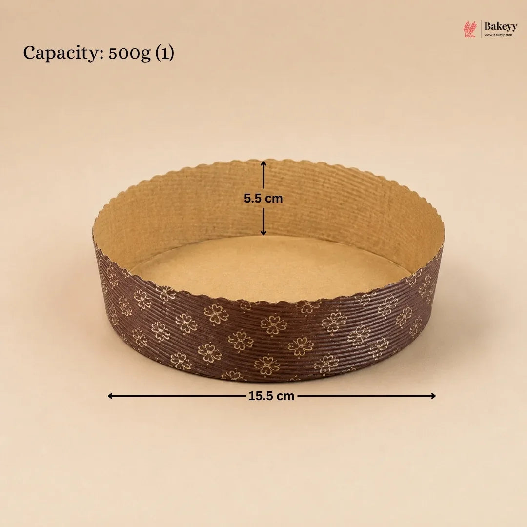 Round baking pan with decorative edge and measurements on a beige background