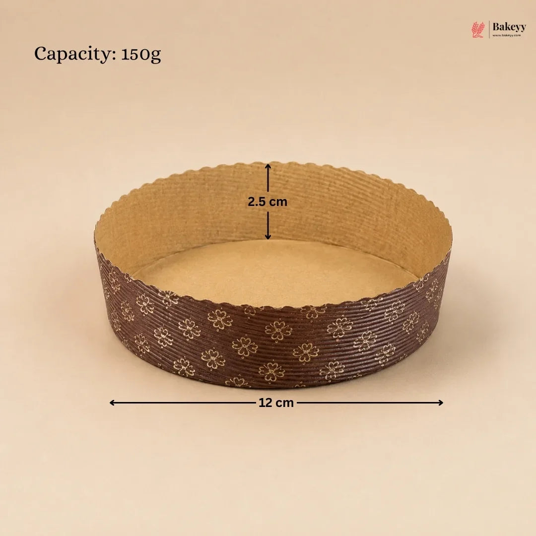 Round baking pan with decorative edge and measurements on a beige background