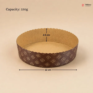 Round baking pan with decorative edge and measurements on a beige background