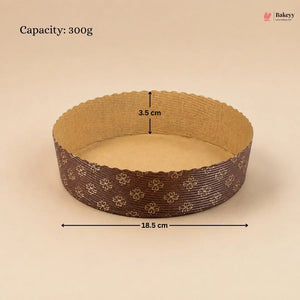 Round baking pan with decorative edge and measurements on a beige background