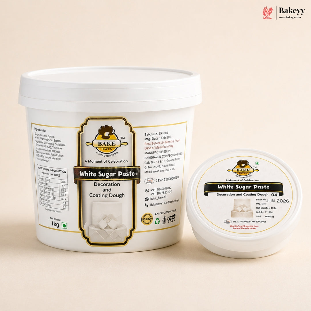 Two containers of Bakey White Sugar Paste on a beige background