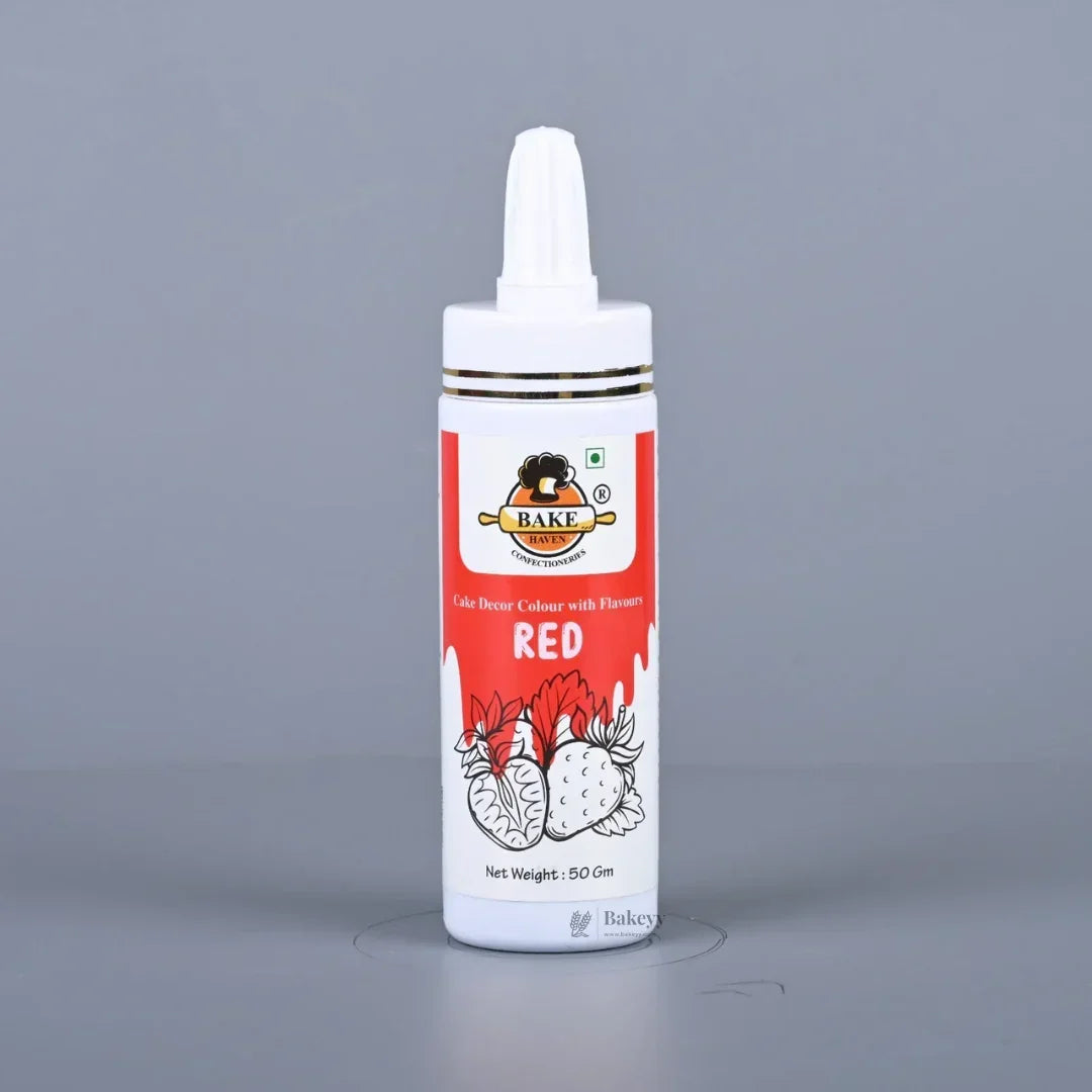 Bakehaven edible red spray color bottle for cake decoration, 50g, on gray background
