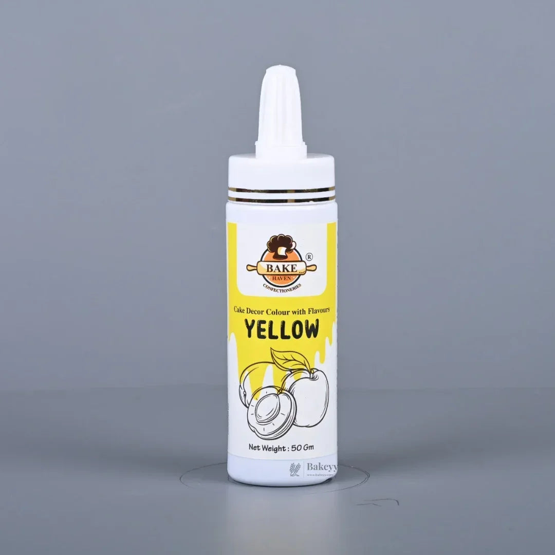 Bakeyy Bakehaven yellow edible puff spray color bottle for cake decoration, 50gm
