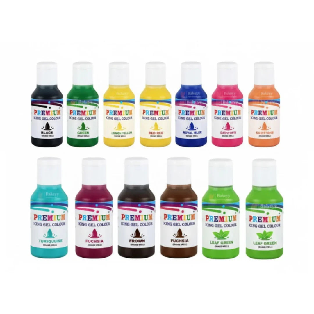 Assorted Bakeyy premium icing gel colour bottles for baking, displayed in various colors.