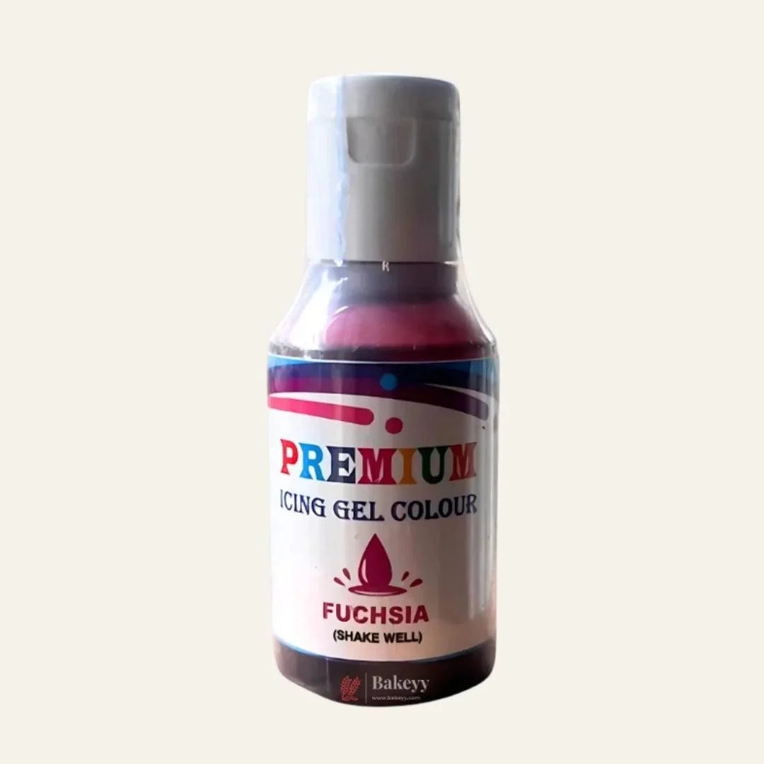 Premium fuchsia icing gel colour bottle for baking from Bakeyy, on white background