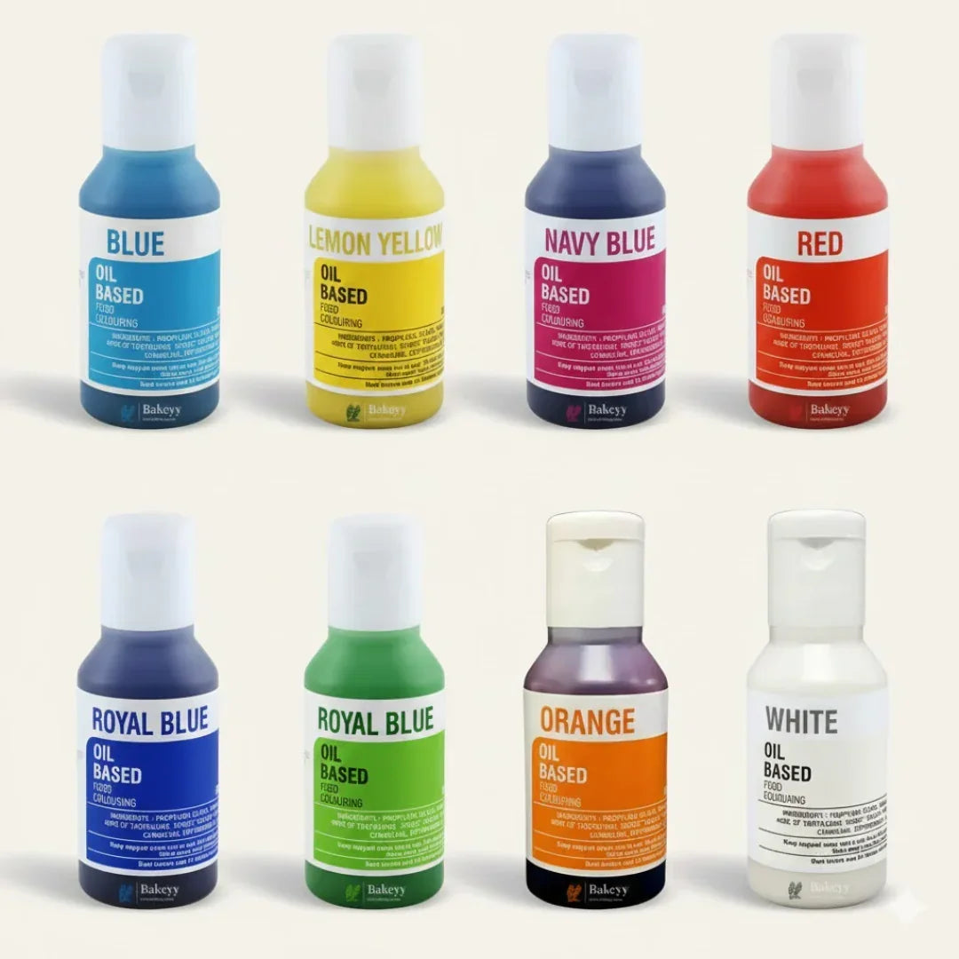 Bakeyy oil based food colour bottles in various colors for baking supplies on white background