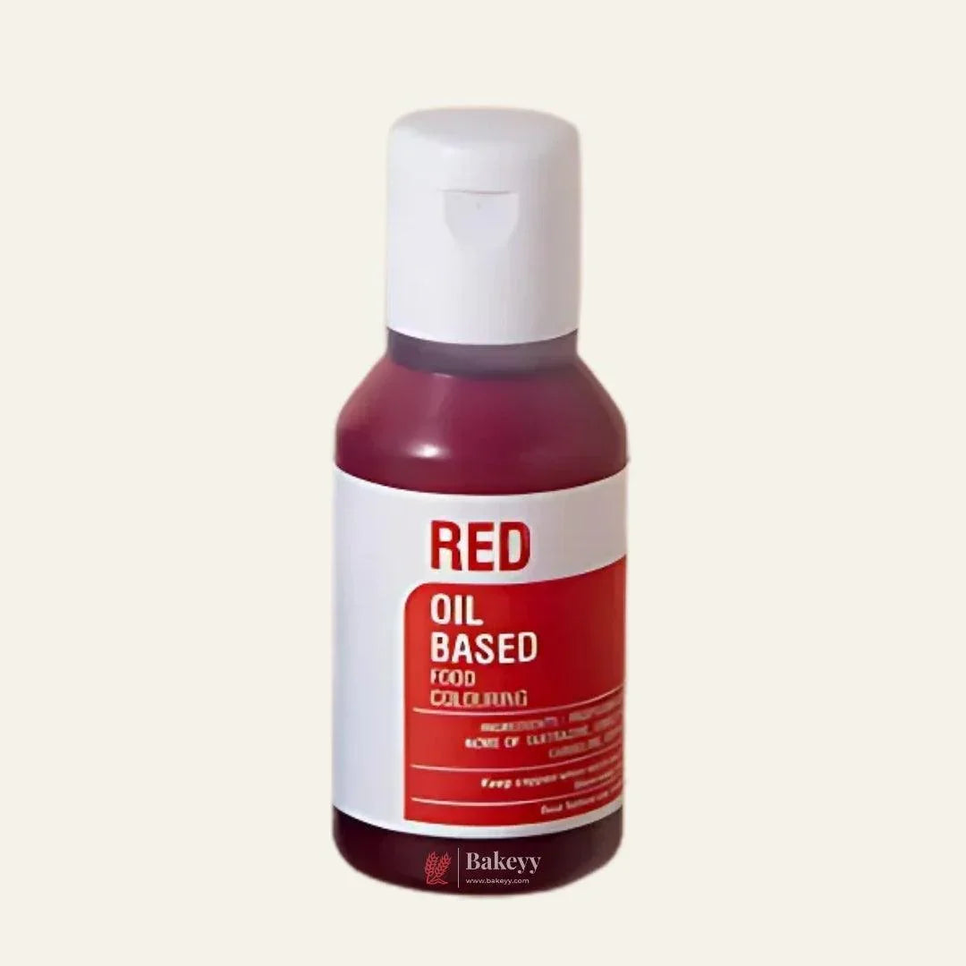 Red oil based food colouring bottle for baking, Bakeyy.com product on plain background