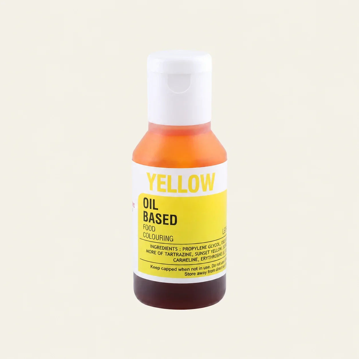 A bottle of Yellow Oil Based Food Colouring with a white cap, featuring a white and yellow label, set against a solid off-white background.