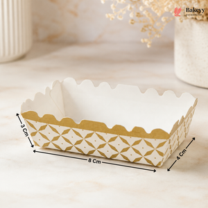 White and gold patterned paper basket with dimensions on a light background