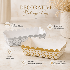 Decorative baking trays with scalloped edges on a neutral background