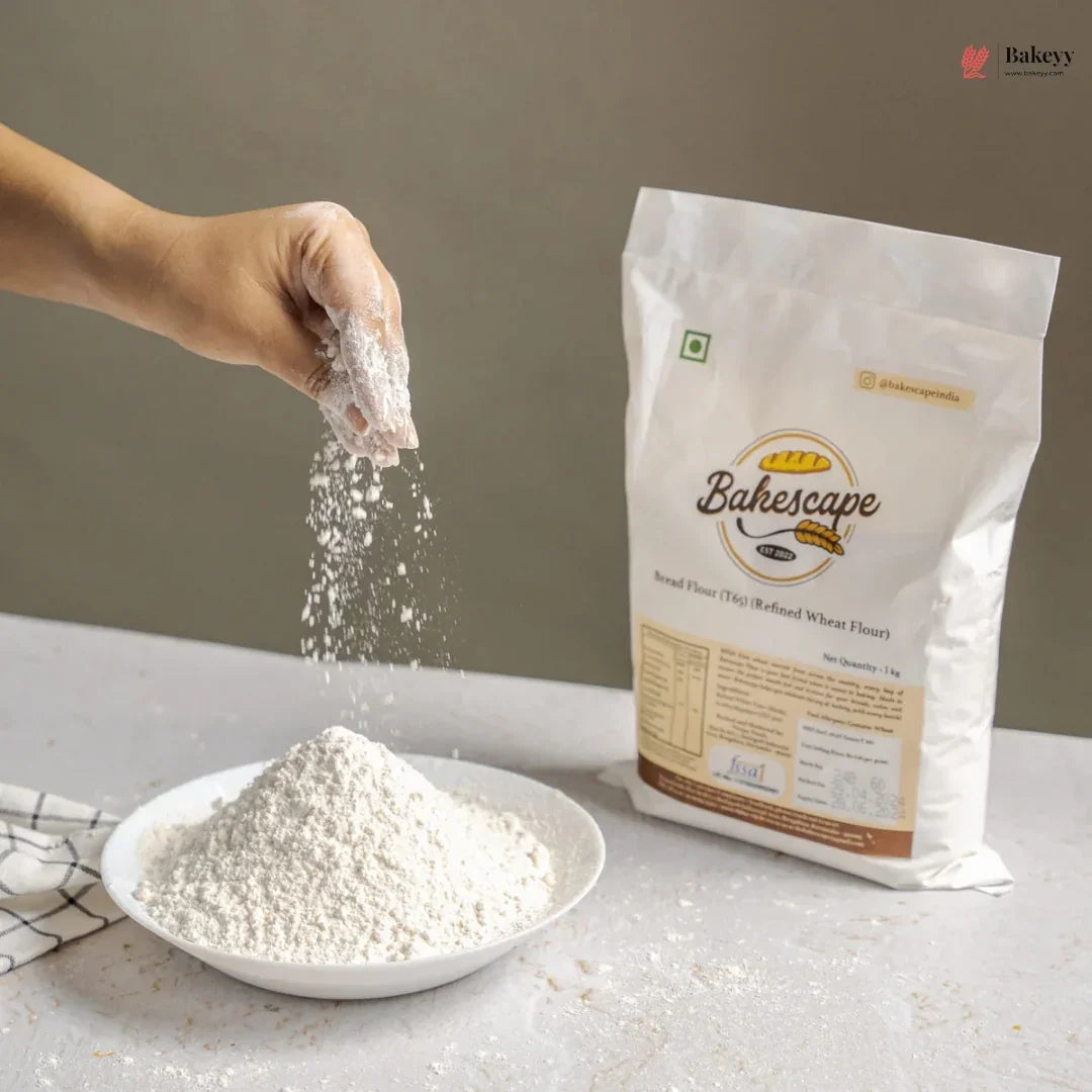 Bakescape brand wheat flour being poured from a package into a bowl on a neutral background