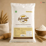 Bakescape bread flour package with wheat stalks and a bowl of flour on a beige background