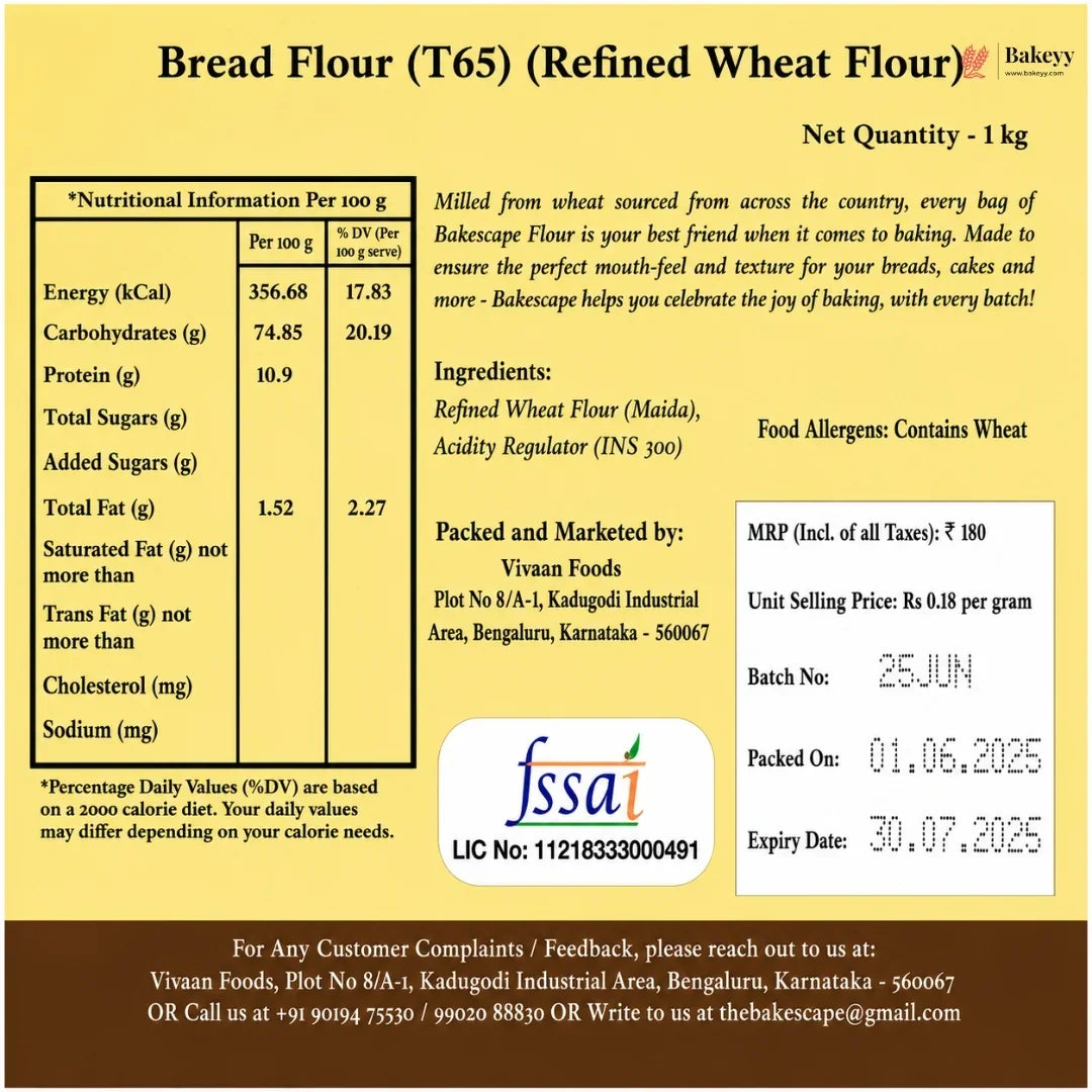 Bread Flour (T65) packaging with nutritional information and contact details.