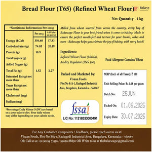 Bread Flour (T65) packaging with nutritional information and contact details.