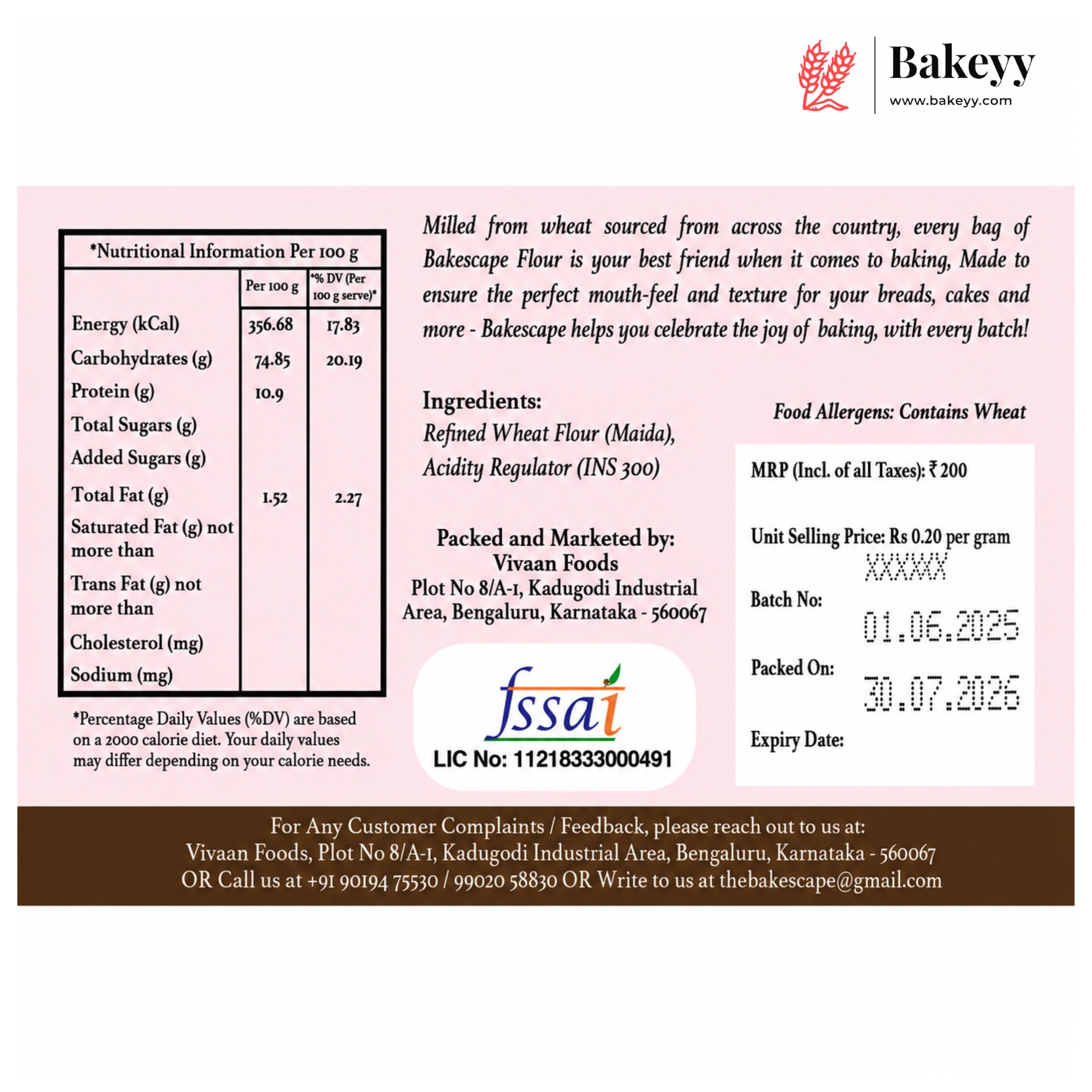Bakeseyy flour packaging with nutritional information, ingredients, and contact details.